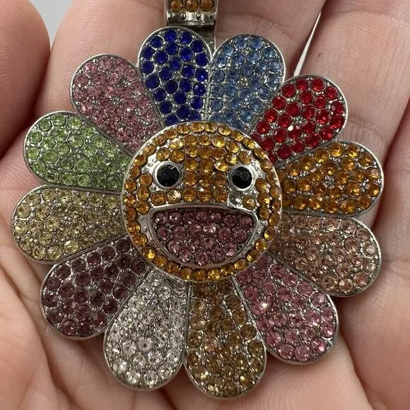 Multi Color Cubic Zirconia Flower Fidget Spinner Pendant in Silver Smiley Face